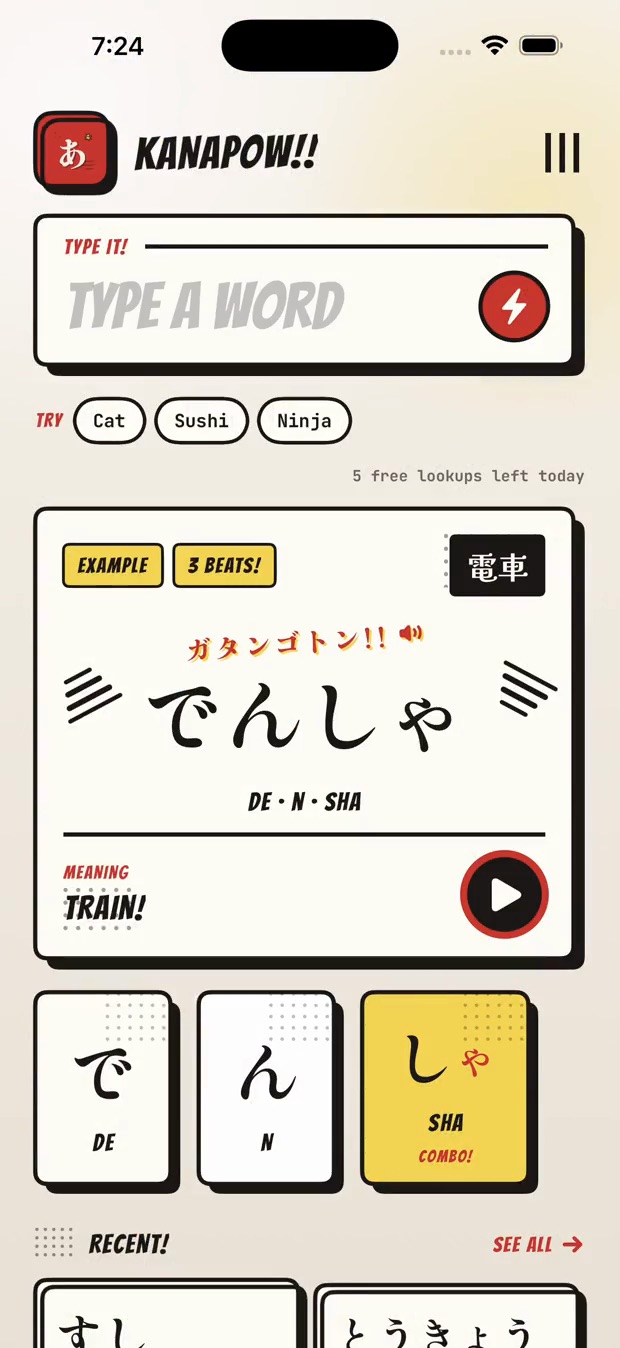 Kanapow app showing Train translated to でんしゃ with a mora-by-mora breakdown