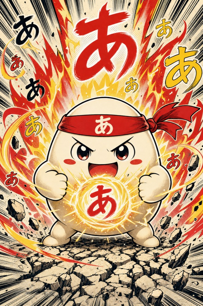 Kanapow's あ mascot charging up a glowing kana energy orb