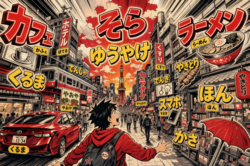 A traveler facing a Japanese street where shop signs, products, and the sunset are all labeled with kana readings
