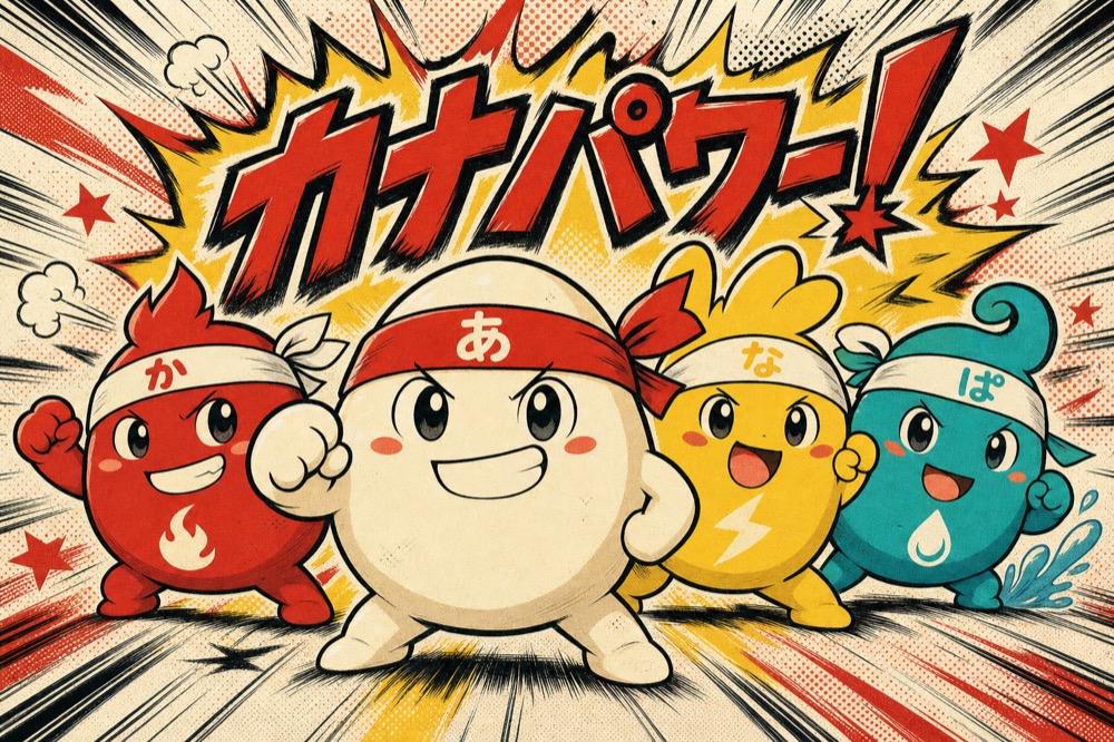 Four kana mascots in headbands striking a fighting-game pose under a カナパワー banner